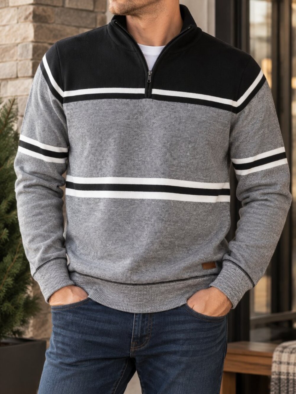 Buffalo Striped Quarter Zip Sweater LARGE